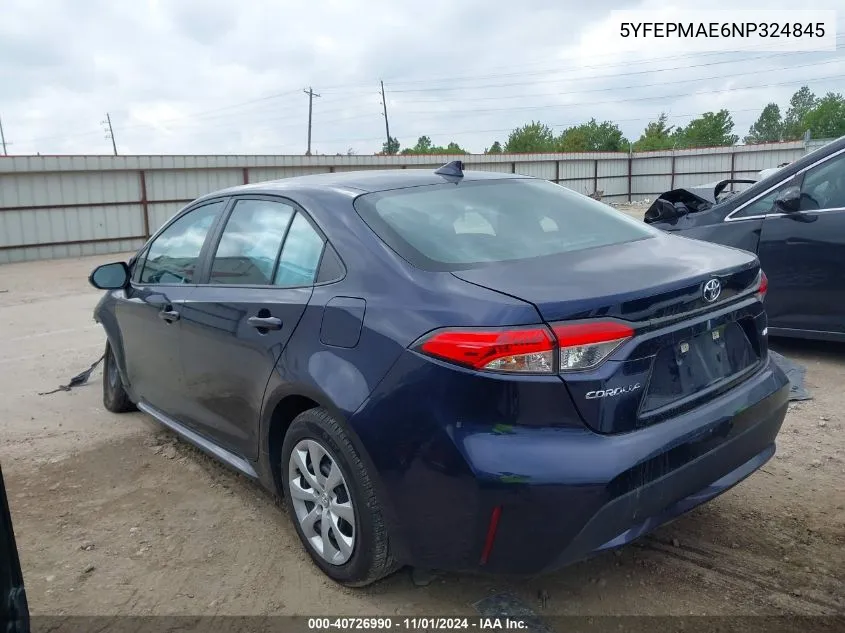 2022 Toyota Corolla Le VIN: 5YFEPMAE6NP324845 Lot: 40726990