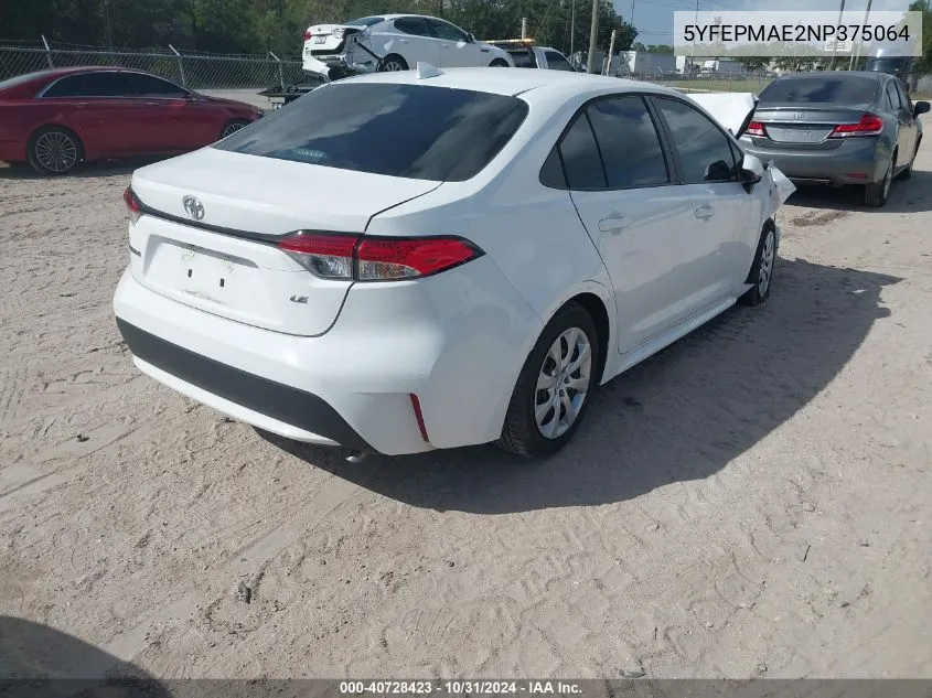 2022 Toyota Corolla Le VIN: 5YFEPMAE2NP375064 Lot: 40728423