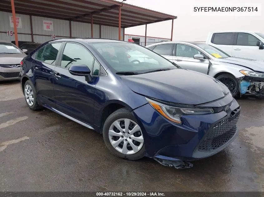 2022 Toyota Corolla Le VIN: 5YFEPMAE0NP367514 Lot: 40732162