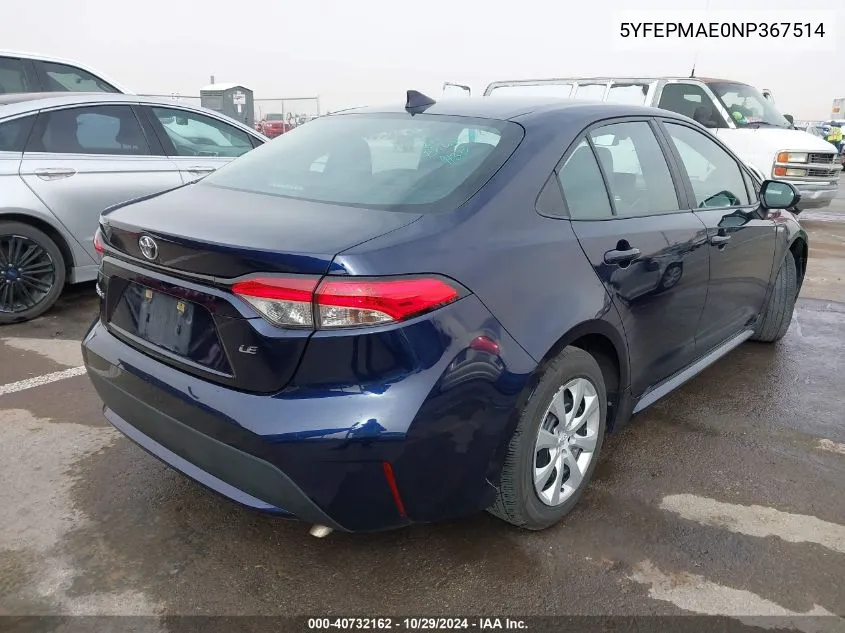 2022 Toyota Corolla Le VIN: 5YFEPMAE0NP367514 Lot: 40732162