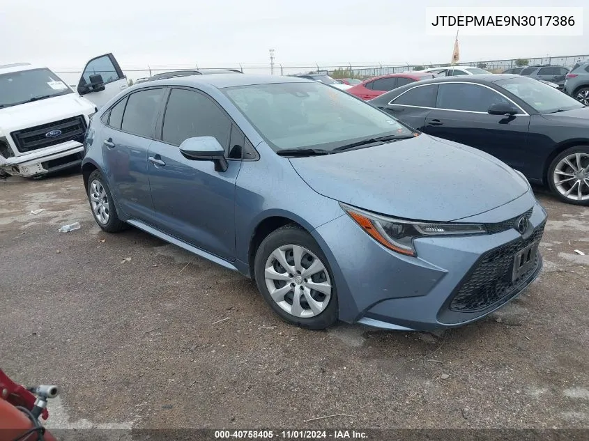 2022 Toyota Corolla Le VIN: JTDEPMAE9N3017386 Lot: 40758405