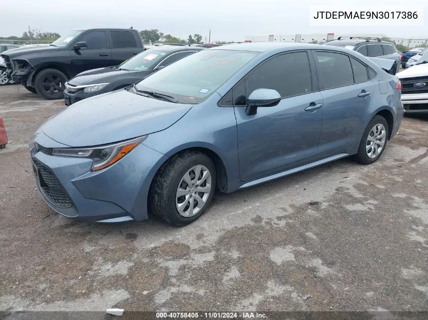 2022 Toyota Corolla Le VIN: JTDEPMAE9N3017386 Lot: 40758405