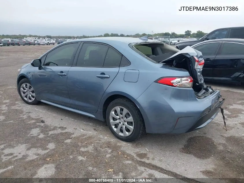 2022 Toyota Corolla Le VIN: JTDEPMAE9N3017386 Lot: 40758405