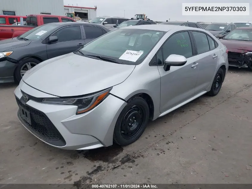 2022 Toyota Corolla Le VIN: 5YFEPMAE2NP370303 Lot: 40762107