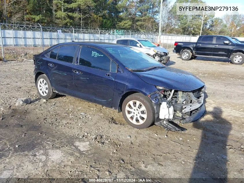 2022 Toyota Corolla Le VIN: 5YFEPMAE3NP279136 Lot: 40829757