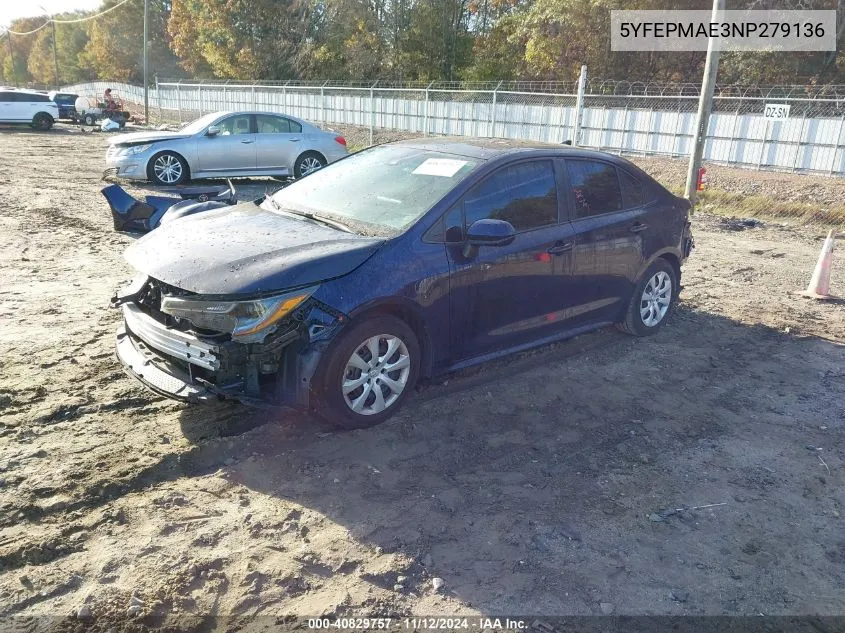 2022 Toyota Corolla Le VIN: 5YFEPMAE3NP279136 Lot: 40829757