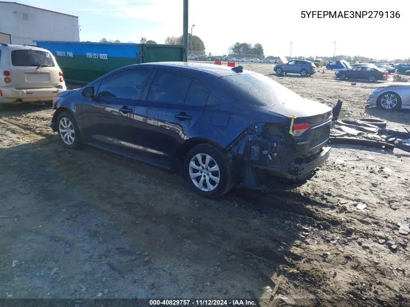 2022 Toyota Corolla Le VIN: 5YFEPMAE3NP279136 Lot: 40829757