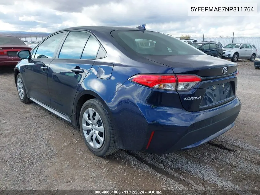 2022 Toyota Corolla Le VIN: 5YFEPMAE7NP311764 Lot: 40831065