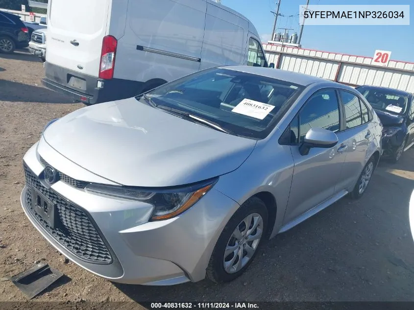 2022 Toyota Corolla Le VIN: 5YFEPMAE1NP326034 Lot: 40831632