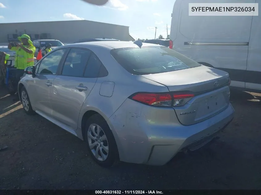 2022 Toyota Corolla Le VIN: 5YFEPMAE1NP326034 Lot: 40831632