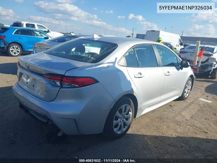 2022 Toyota Corolla Le VIN: 5YFEPMAE1NP326034 Lot: 40831632