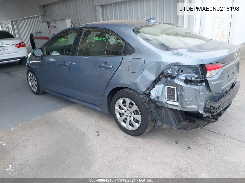 2022 Toyota Corolla Le VIN: JTDEPMAE0NJ218198 Lot: 40884210