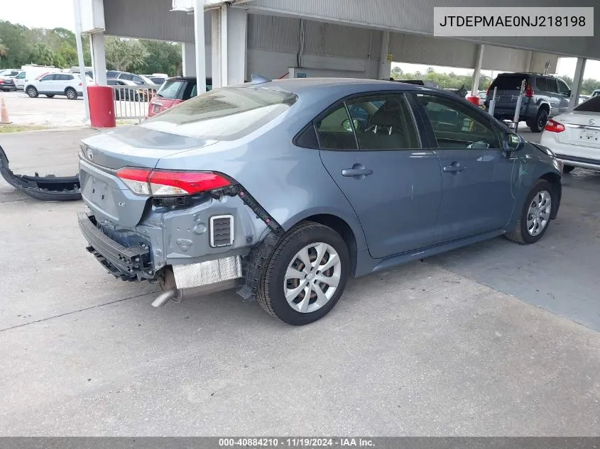 2022 Toyota Corolla Le VIN: JTDEPMAE0NJ218198 Lot: 40884210