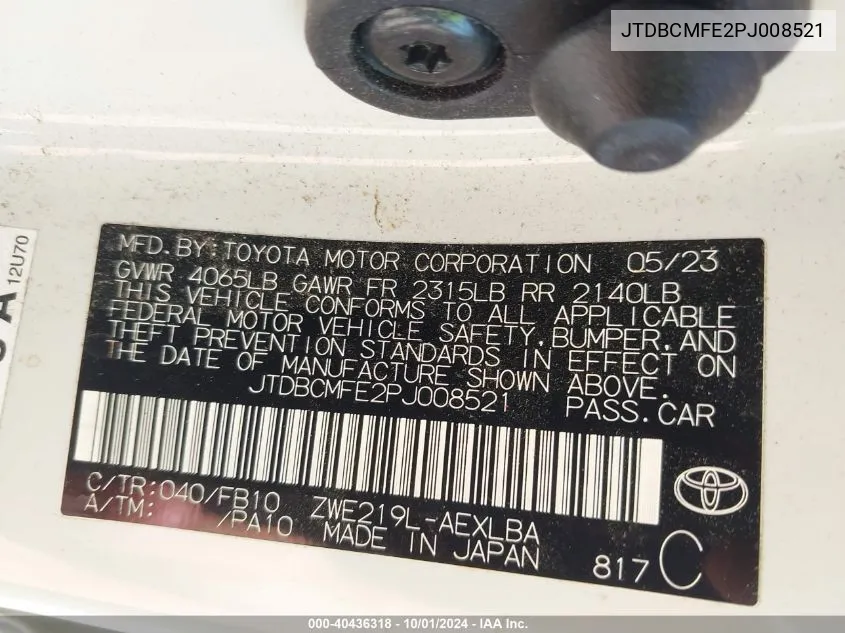 2023 Toyota Corolla Hybrid Le VIN: JTDBCMFE2PJ008521 Lot: 40436318