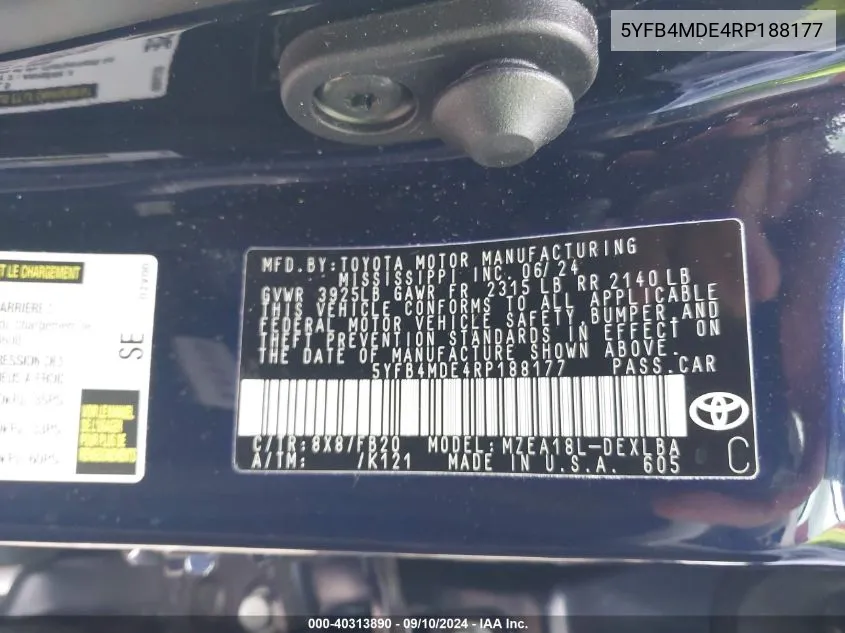 5YFB4MDE4RP188177 2024 Toyota Corolla Le