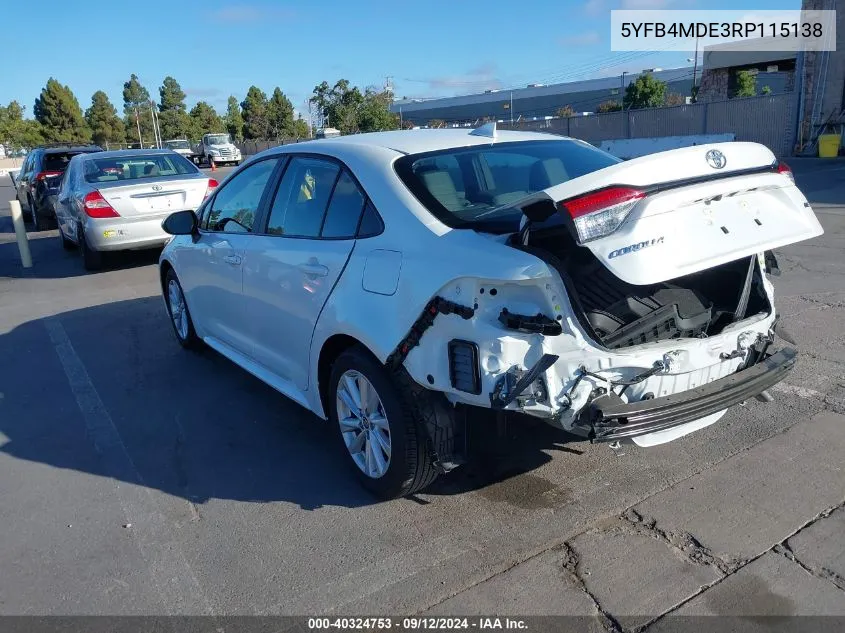 2024 Toyota Corolla Le VIN: 5YFB4MDE3RP115138 Lot: 40324753