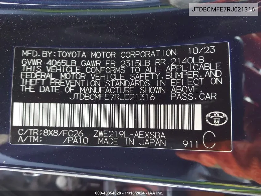 2024 Toyota Corolla Hybrid Se VIN: JTDBCMFE7RJ021316 Lot: 40854828