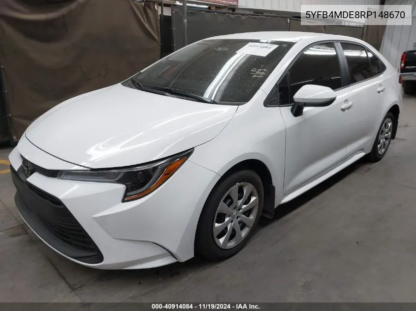 2024 Toyota Corolla Le VIN: 5YFB4MDE8RP148670 Lot: 40914084