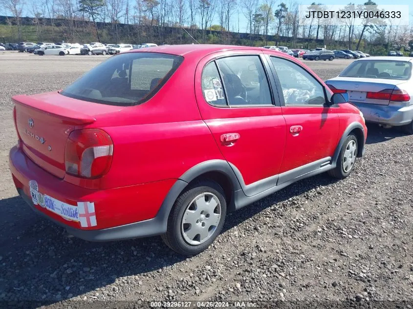 2000 Toyota Echo VIN: JTDBT1231Y0046333 Lot: 39296127