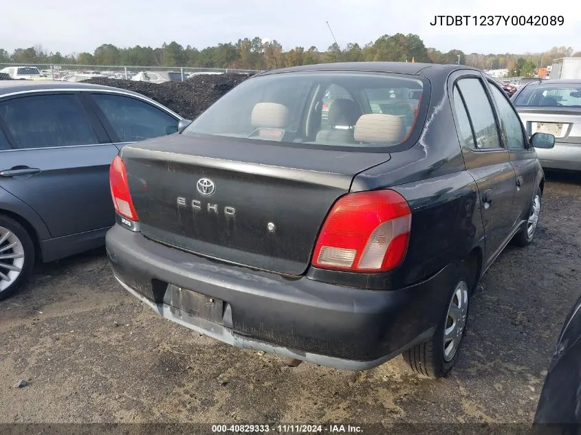 2000 Toyota Echo VIN: JTDBT1237Y0042089 Lot: 40829333