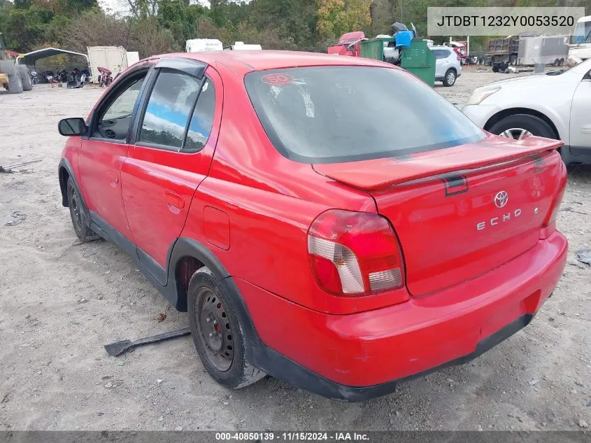 2000 Toyota Echo VIN: JTDBT1232Y0053520 Lot: 40850139