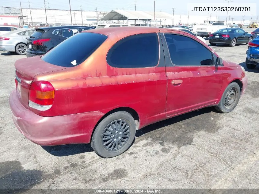 2003 Toyota Echo VIN: JTDAT123530260701 Lot: 40480121