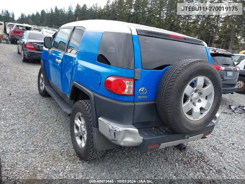 2007 Toyota Fj Cruiser VIN: JTEBU11F270019175 Lot: 40473445