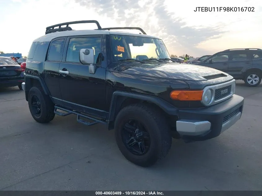 2008 Toyota Fj Cruiser VIN: JTEBU11F98K016702 Lot: 40603489