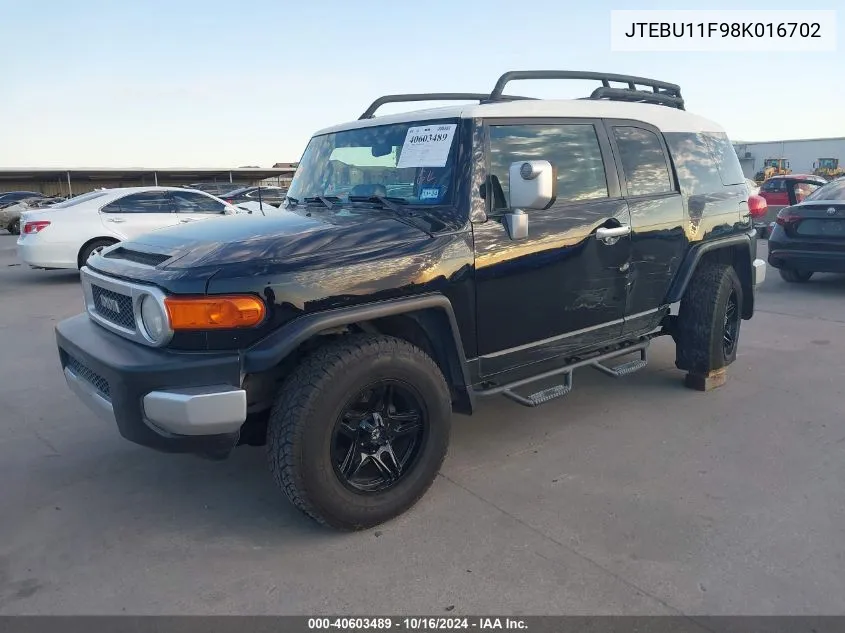 2008 Toyota Fj Cruiser VIN: JTEBU11F98K016702 Lot: 40603489