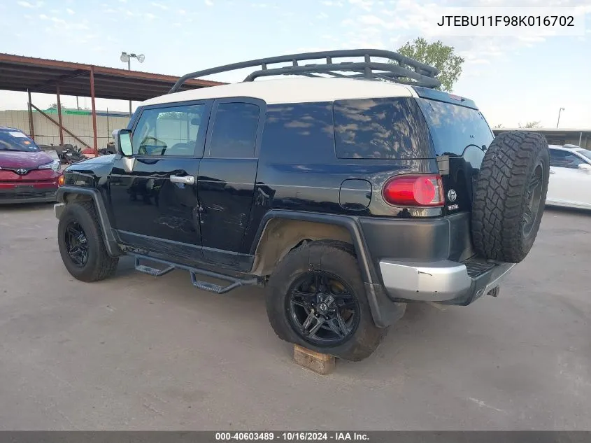 2008 Toyota Fj Cruiser VIN: JTEBU11F98K016702 Lot: 40603489