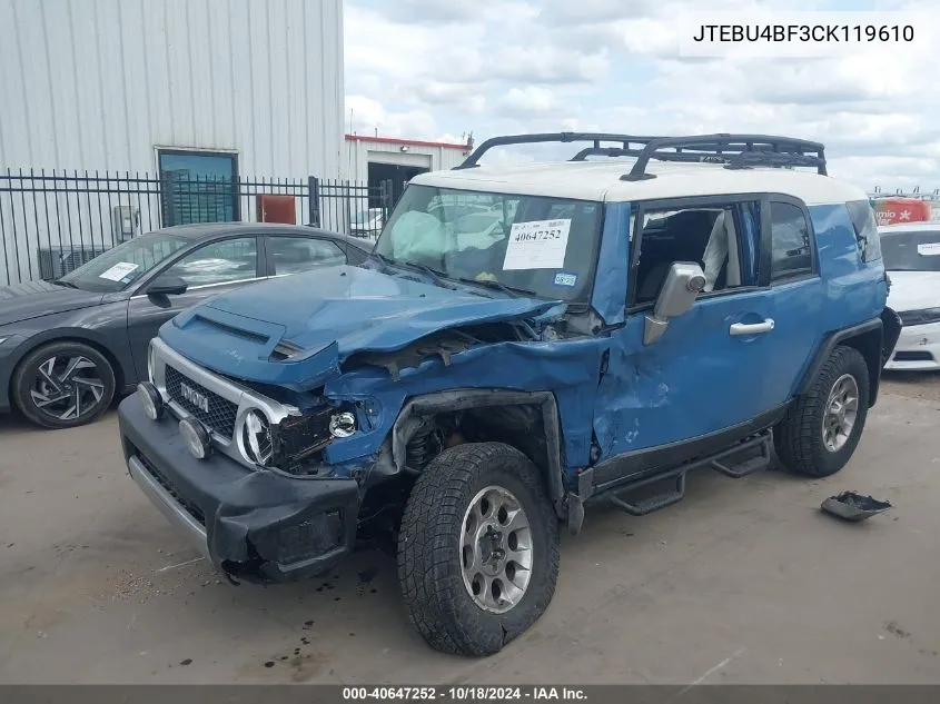 2012 Toyota Fj Cruiser VIN: JTEBU4BF3CK119610 Lot: 40647252