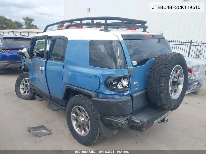 2012 Toyota Fj Cruiser VIN: JTEBU4BF3CK119610 Lot: 40647252