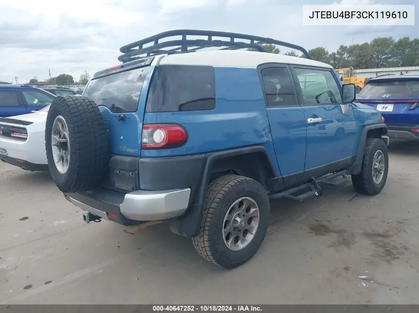 2012 Toyota Fj Cruiser VIN: JTEBU4BF3CK119610 Lot: 40647252