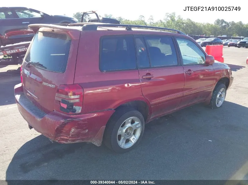 2001 Toyota Highlander V6 VIN: JTEGF21A910025749 Lot: 39340044