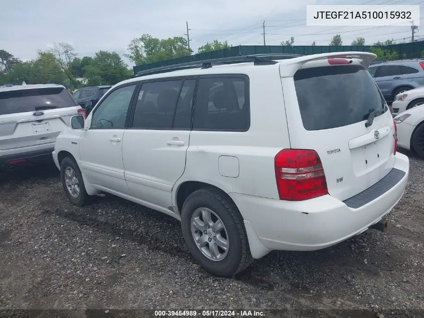 2001 Toyota Highlander V6 VIN: JTEGF21A510015932 Lot: 39454989