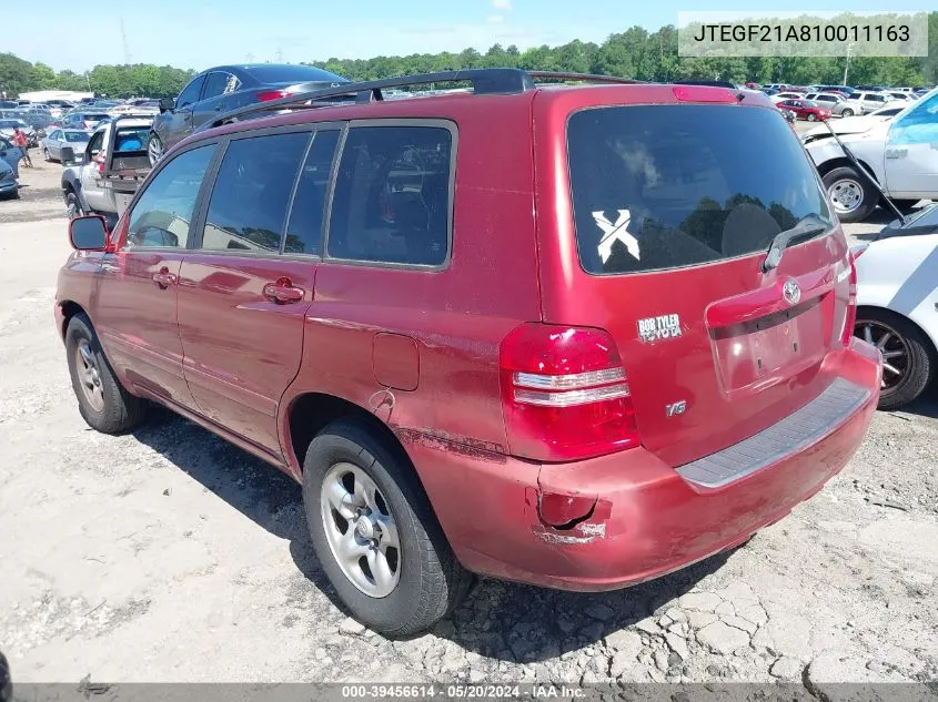 2001 Toyota Highlander V6 VIN: JTEGF21A810011163 Lot: 39456614