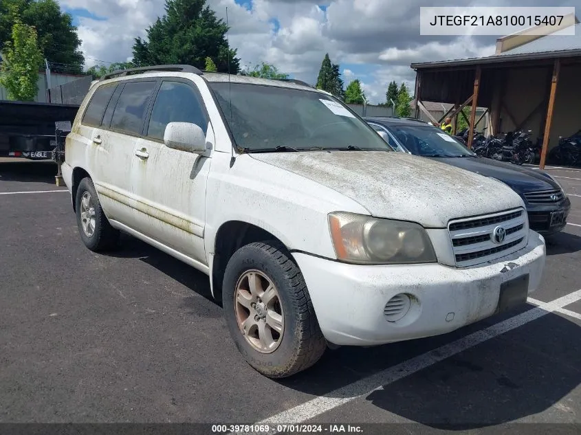 2001 Toyota Highlander V6 VIN: JTEGF21A810015407 Lot: 39781069