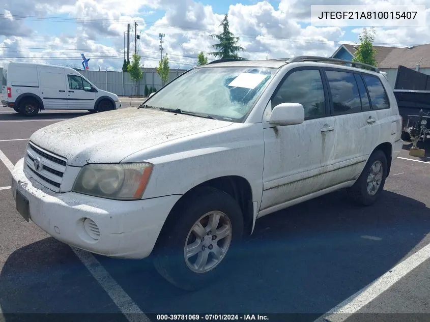 2001 Toyota Highlander V6 VIN: JTEGF21A810015407 Lot: 39781069