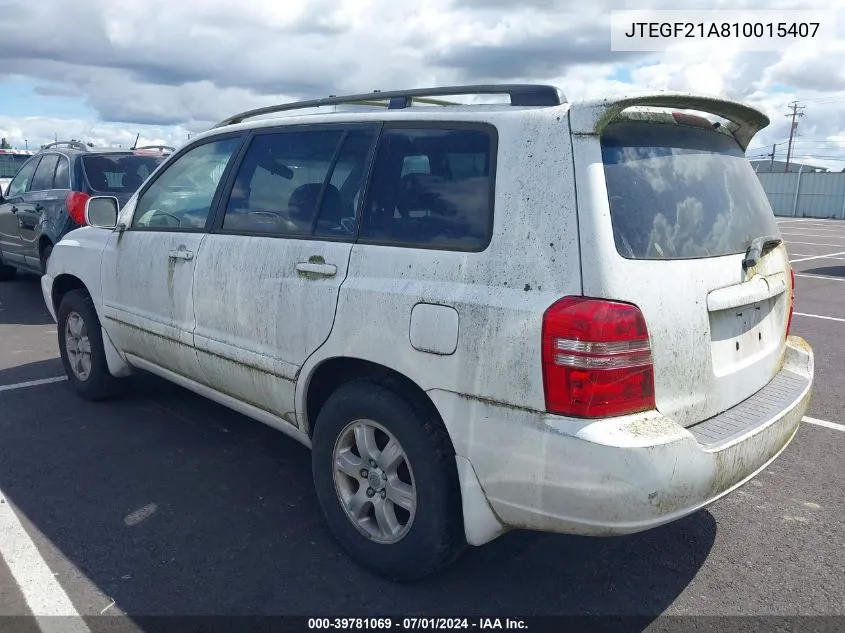 2001 Toyota Highlander V6 VIN: JTEGF21A810015407 Lot: 39781069