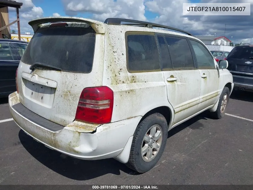 2001 Toyota Highlander V6 VIN: JTEGF21A810015407 Lot: 39781069