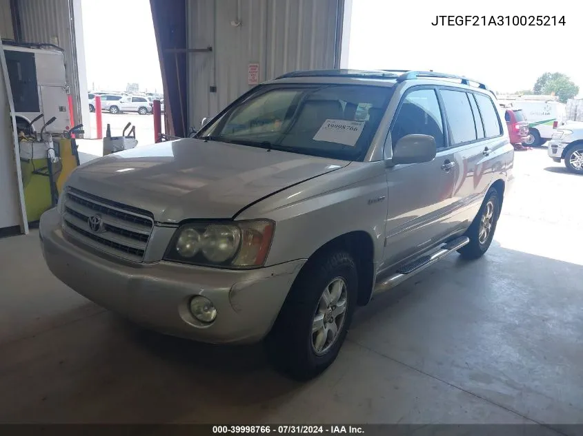 2001 Toyota Highlander V6 VIN: JTEGF21A310025214 Lot: 39998766