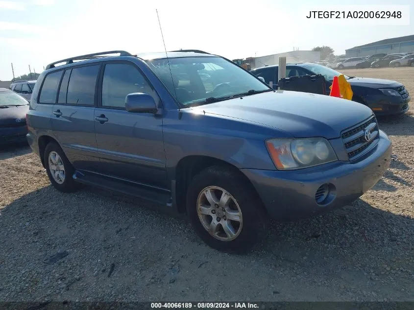 2002 Toyota Highlander V6 VIN: JTEGF21A020062948 Lot: 40066189