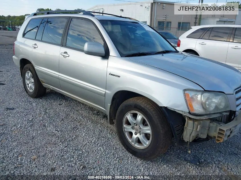 2002 Toyota Highlander Limited V6 VIN: JTEHF21AX20081835 Lot: 40219558