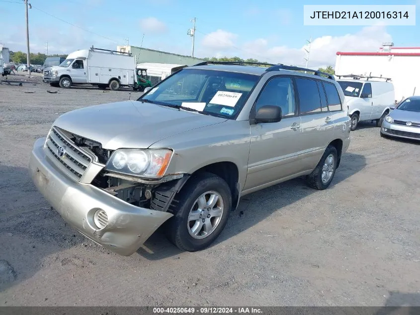 2002 Toyota Highlander VIN: JTEHD21A120016314 Lot: 40250649