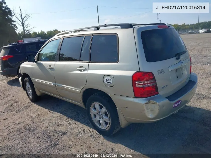 2002 Toyota Highlander VIN: JTEHD21A120016314 Lot: 40250649