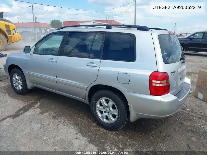 2002 Toyota Highlander V6 VIN: JTEGF21A920062219 Lot: 40258350