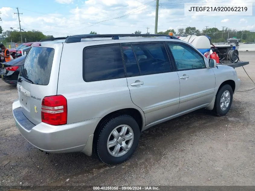 2002 Toyota Highlander V6 VIN: JTEGF21A920062219 Lot: 40258350