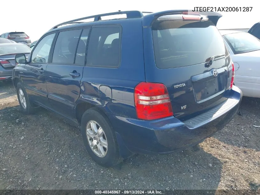 2002 Toyota Highlander Limited V6 VIN: JTEGF21AX20061287 Lot: 40345967