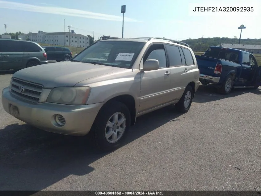 2002 Toyota Highlander V6 (A4) VIN: JTEHF21A320092935 Lot: 40501152