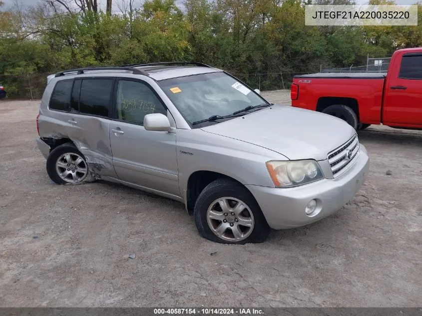 2002 Toyota Highlander Limited V6 VIN: JTEGF21A220035220 Lot: 40587154